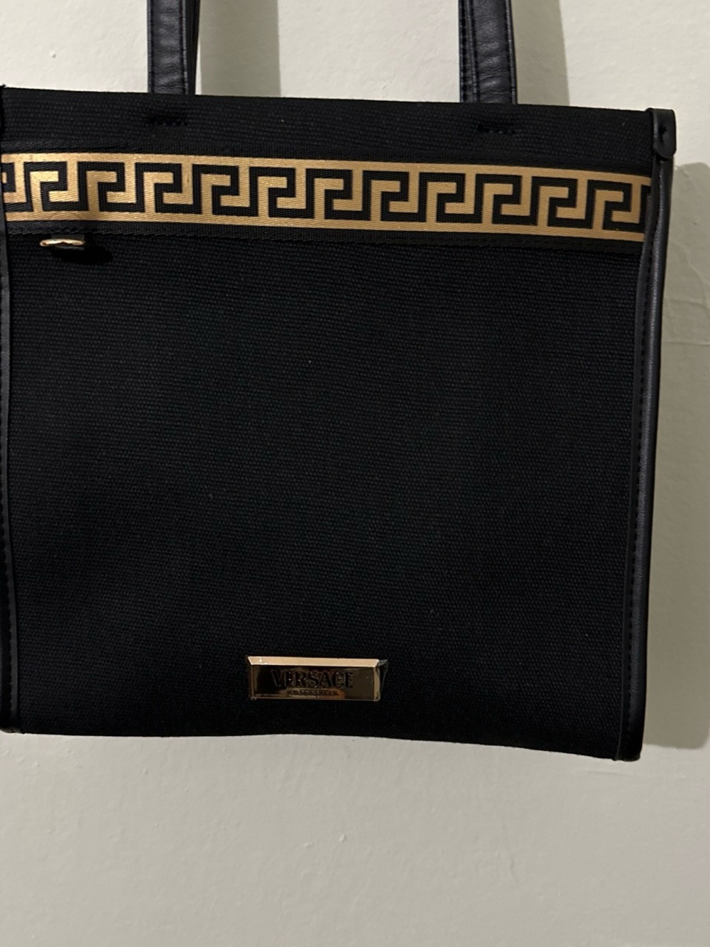 Versace perfume Black Tote with Gold Logo Plaque